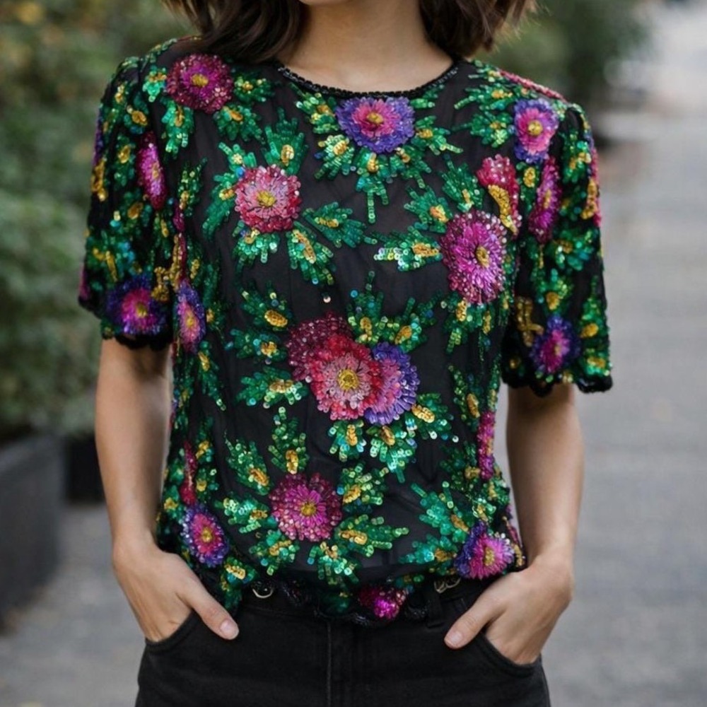 Laurence Kazar Beaded Top Womens Size PM Silk Floral Vintage Zip Up